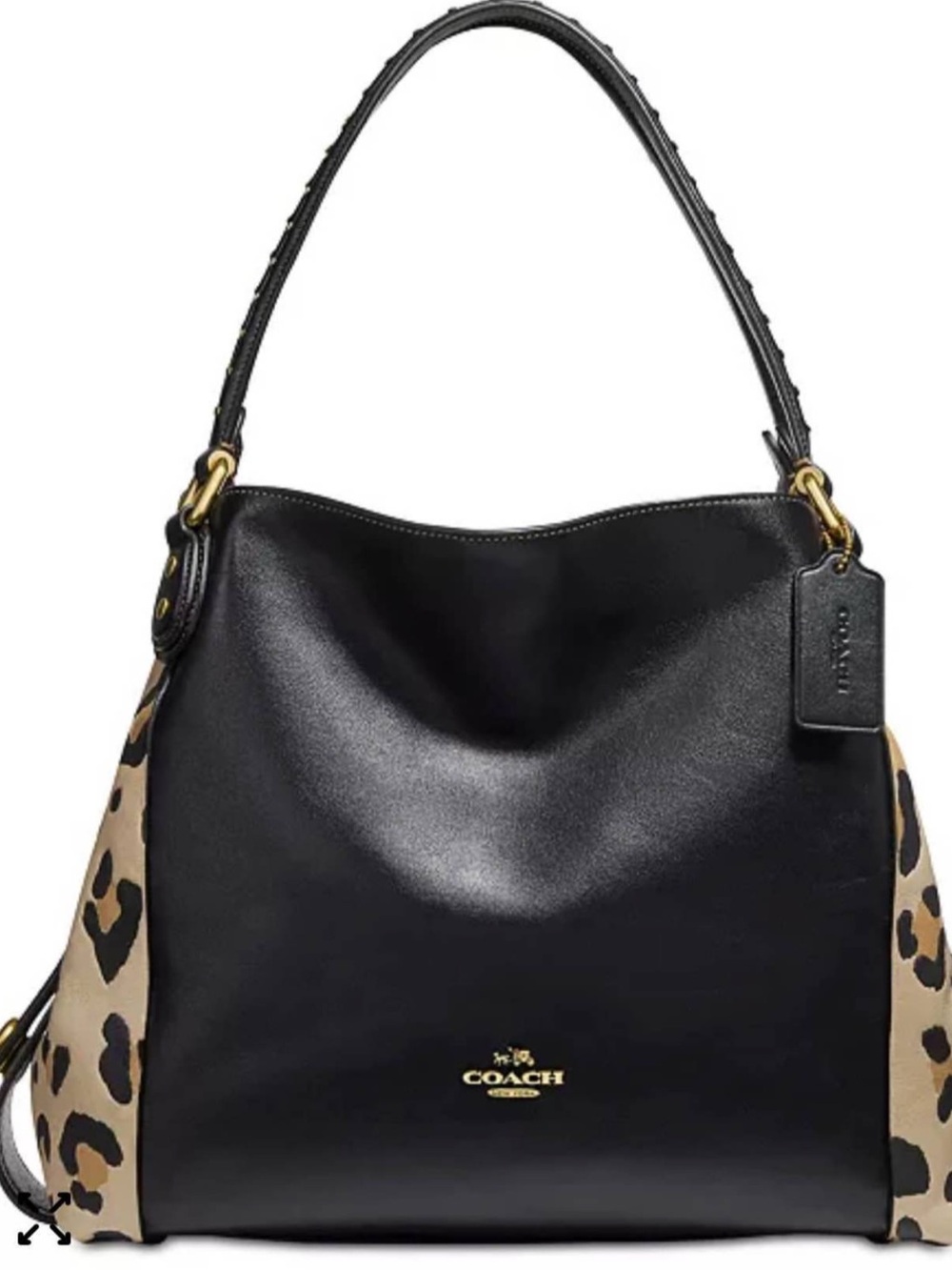 Coach Eddie Black Leather Shoulder Bag with Leopard Side Panels
